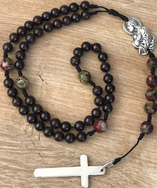 Handmade Garnet and Unakite Prayer Beads - Finished with Handmade Silver Jesus and Cross