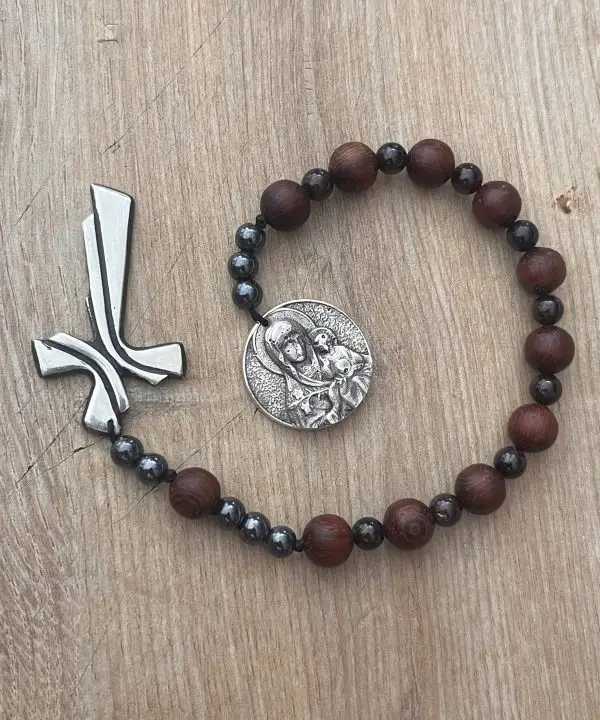 Handcrafted One Decade Prayer Beads with Bloodwood, Hematite, Garnet, Silver Cross, and Mother Mary with Jesus Christ Saint Charm